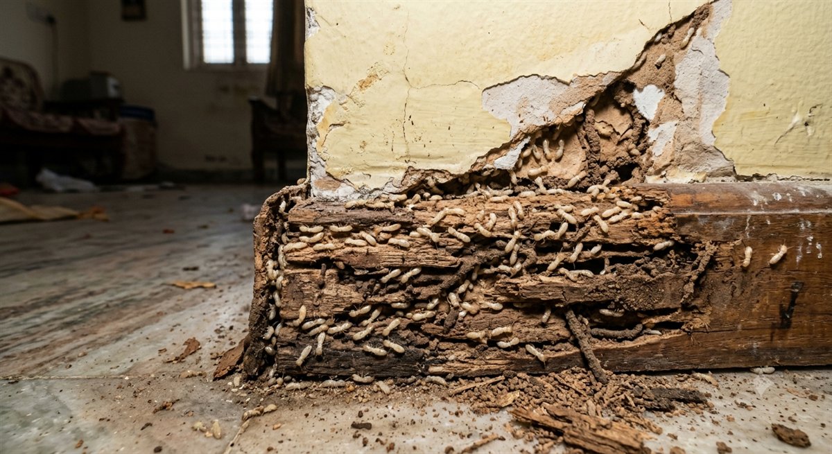 Termites damaging wood in a home